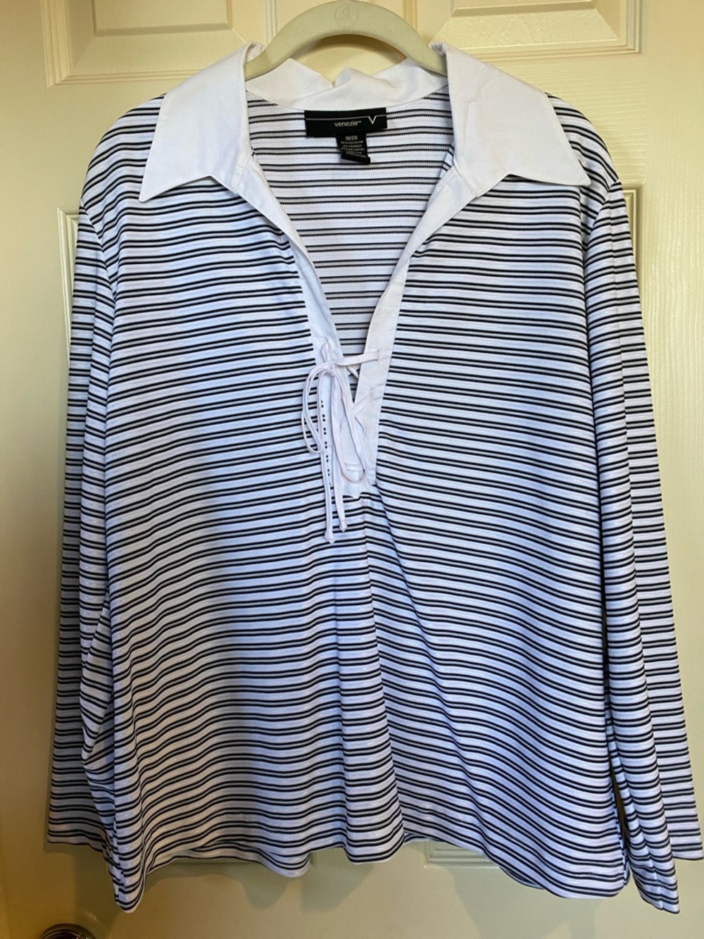 Venezia Black and White Striped Lace-Up Collared Top